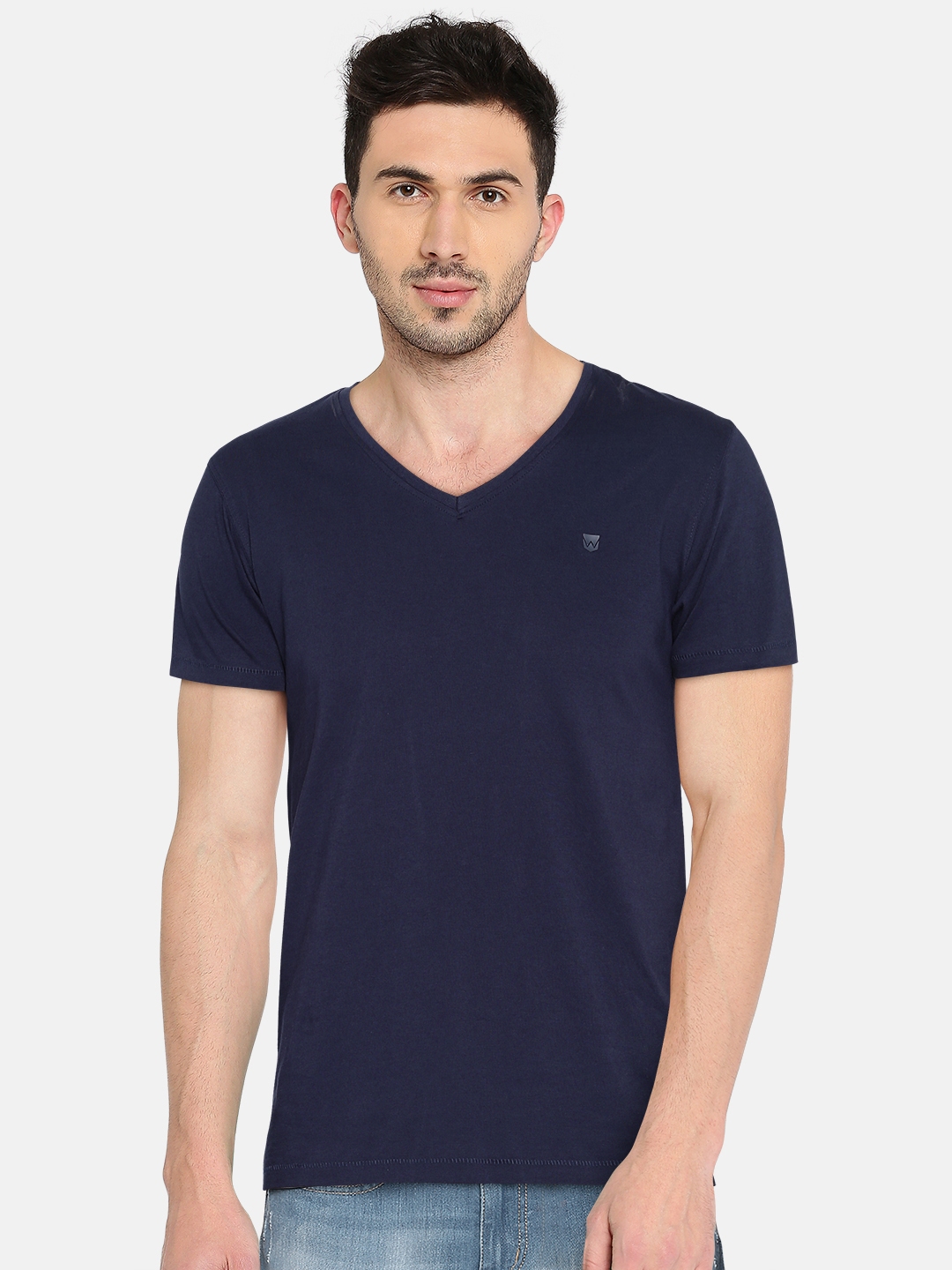 Buy Wrangler Men Navy Blue Solid V Neck Pure Cotton T Shirt - Tshirts ...