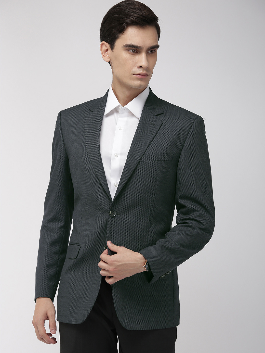 Men's Grey Self Design Single-Breasted Blazer