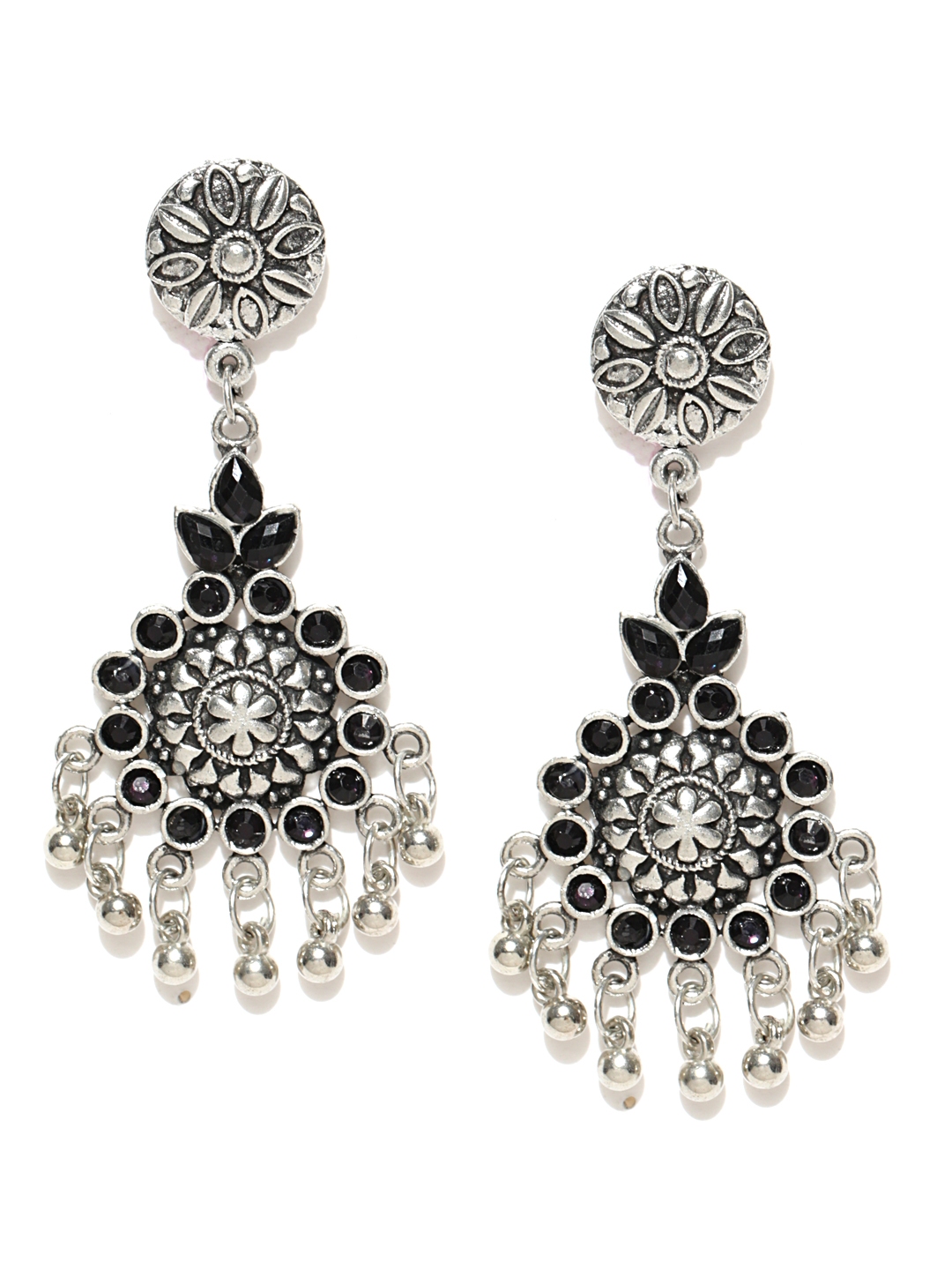 Buy Infuzze Silver Toned & Black Floral Drop Earrings - Earrings for ...