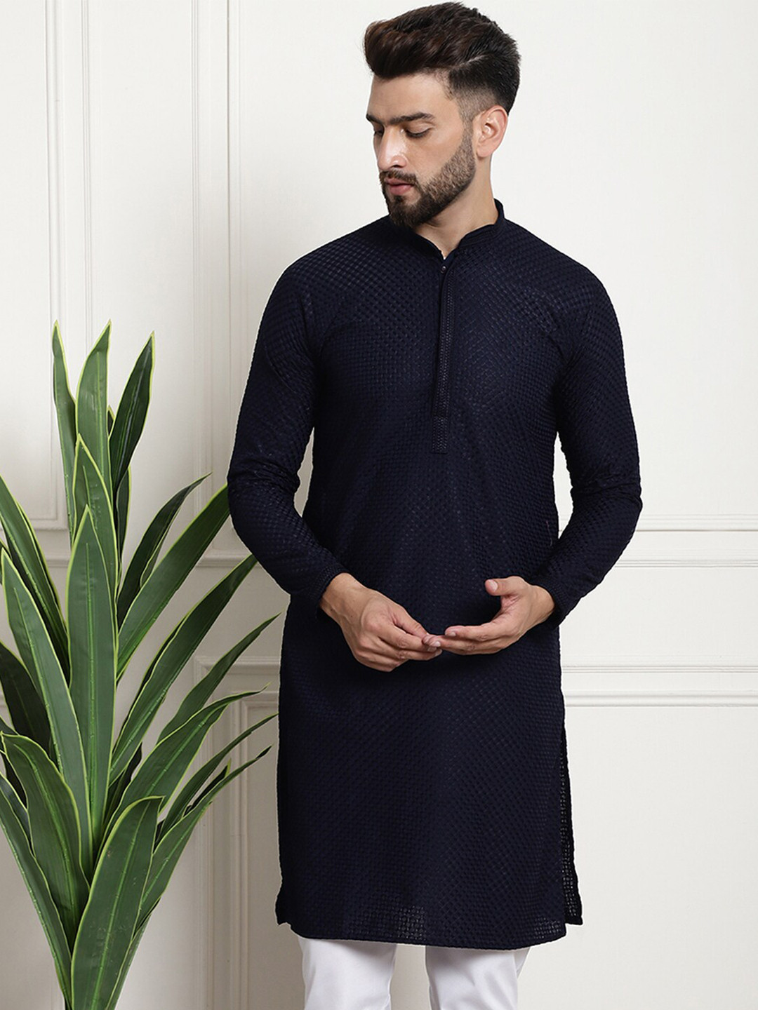 Men's Geometric Navy Blue Straight Kurta