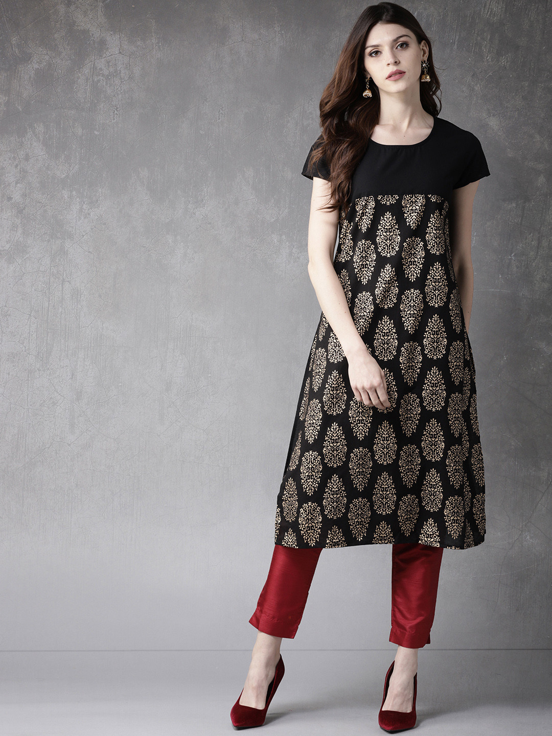 Buy Anouk Women Black & Golden Printed Panelled Straight Kurta Kurtas