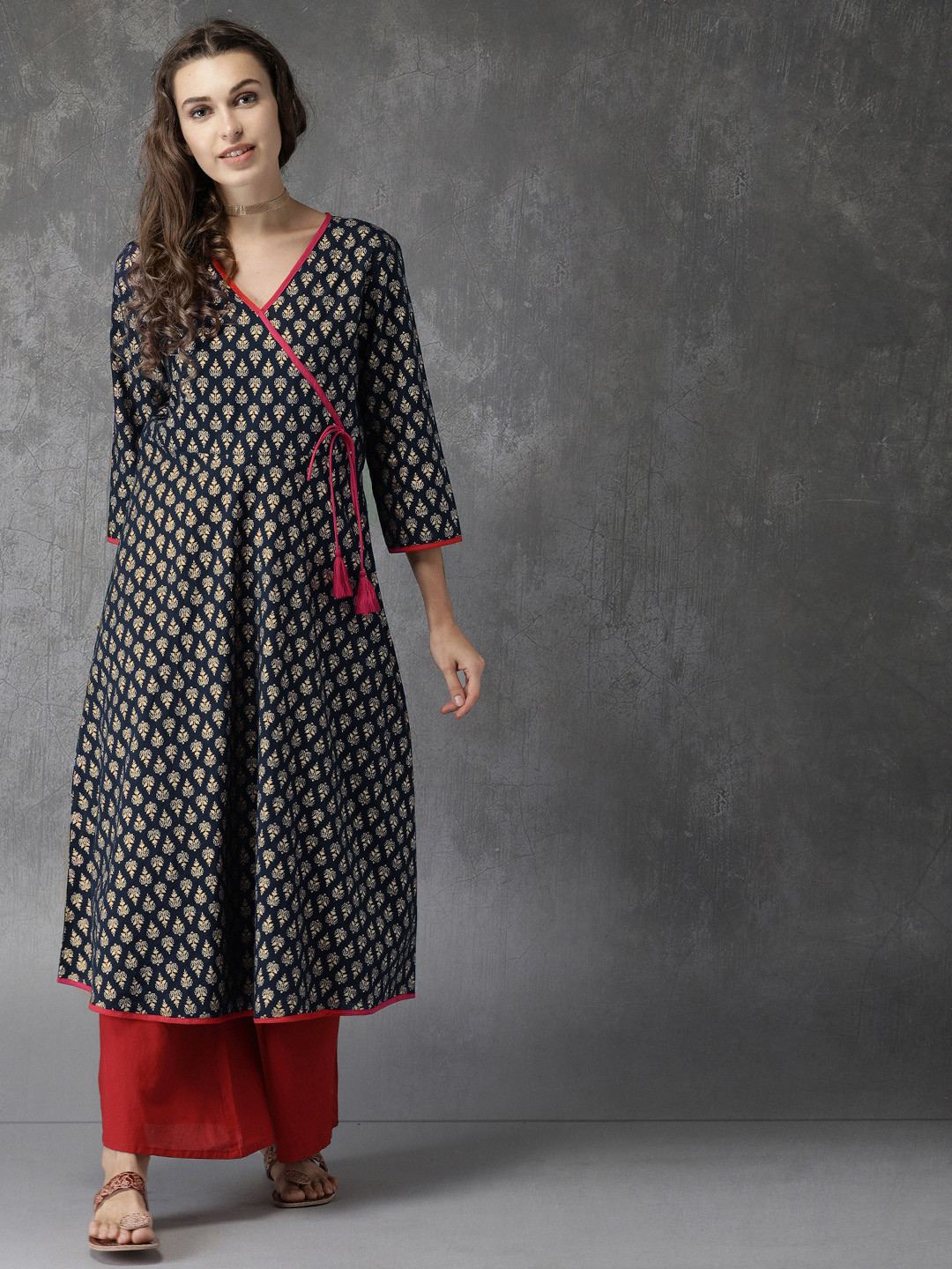 Women's Navy Blue Printed A-Line Kurta
