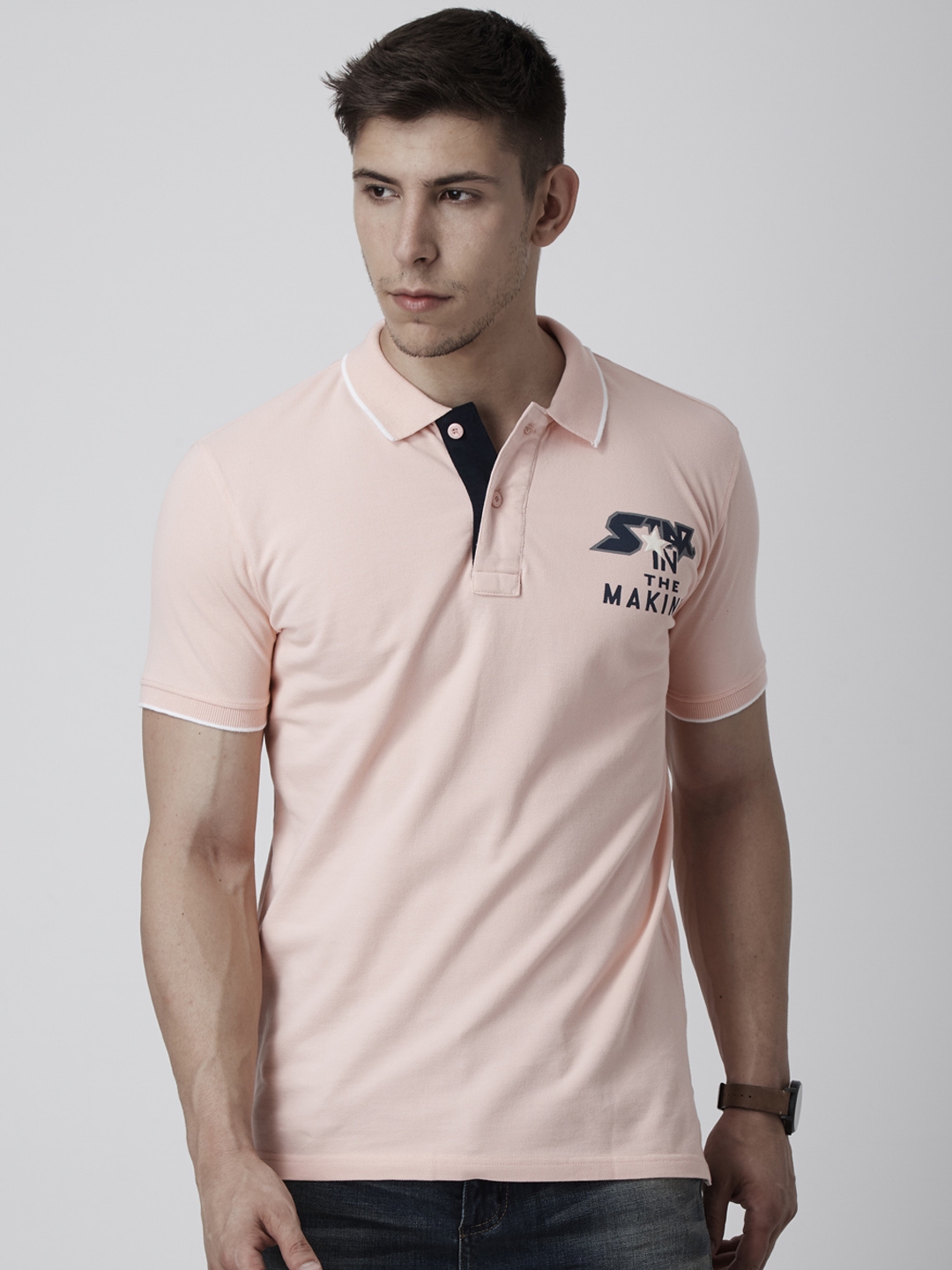 Buy FIDO DIDO Men Pink Solid Polo Collar Slim Fit T Shirt - Tshirts for ...