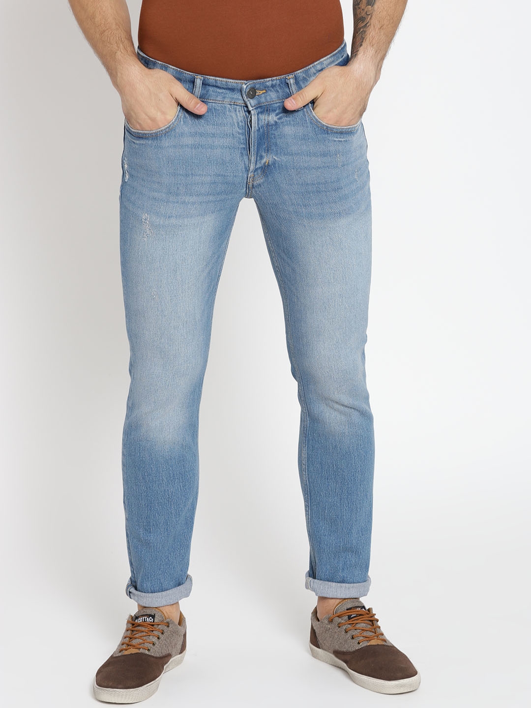 Buy MANGO MAN Blue Slim Fit Mid Rise Low Distress Stretchable Jeans ...