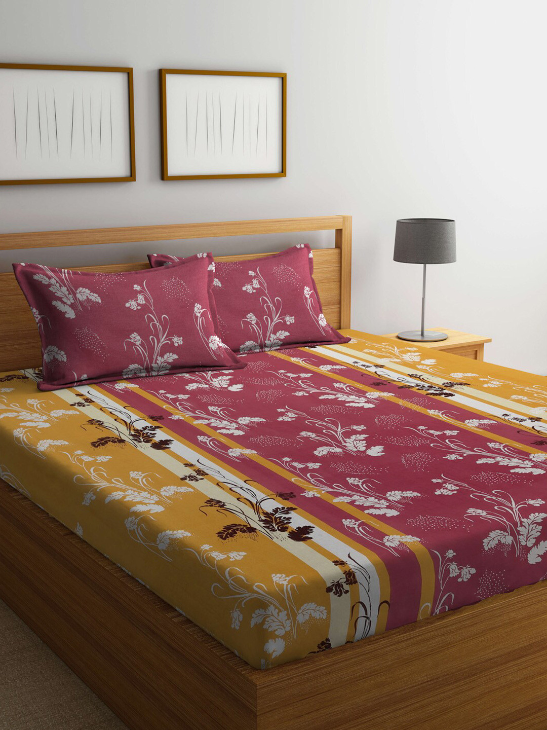 Buy BOMBAY DYEING Brown Cotton Floral 100 TC Queen Bedsheet With 2