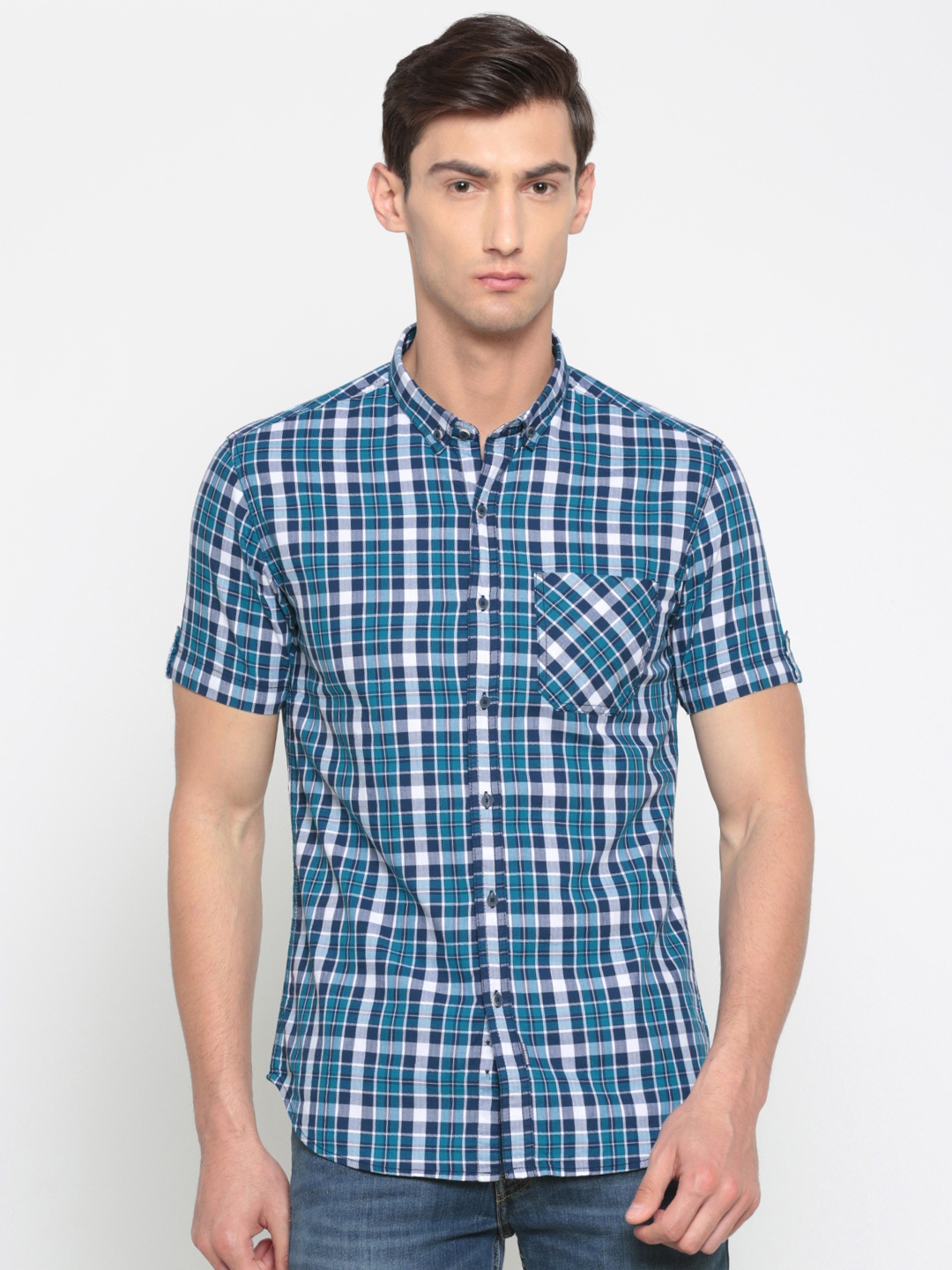 Buy Numero Uno Men Blue & White Regular Fit Checked Casual Shirt ...