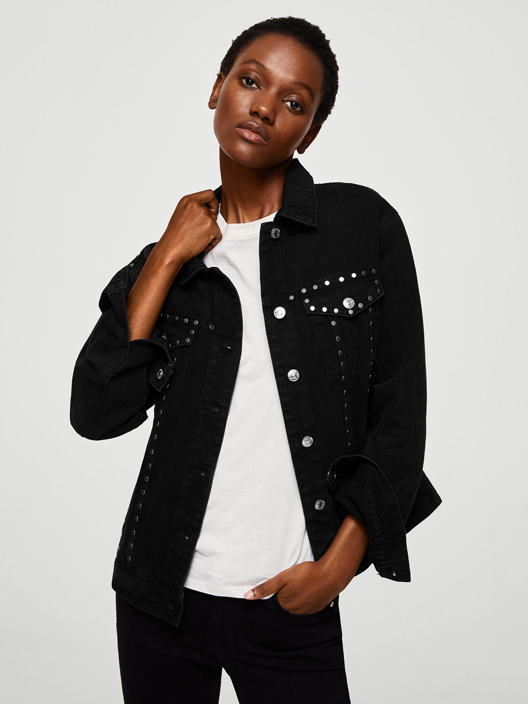 Buy MANGO Women Black Solid Studded Denim Jacket Jackets for Women