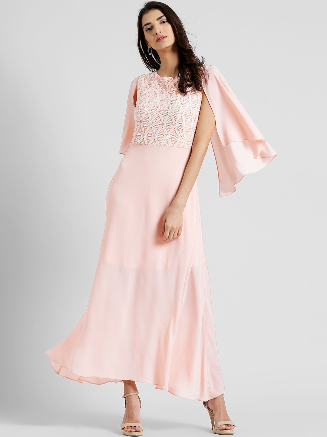 Buy Zink London Women Peach Coloured Lace Maxi Dress Dresses for