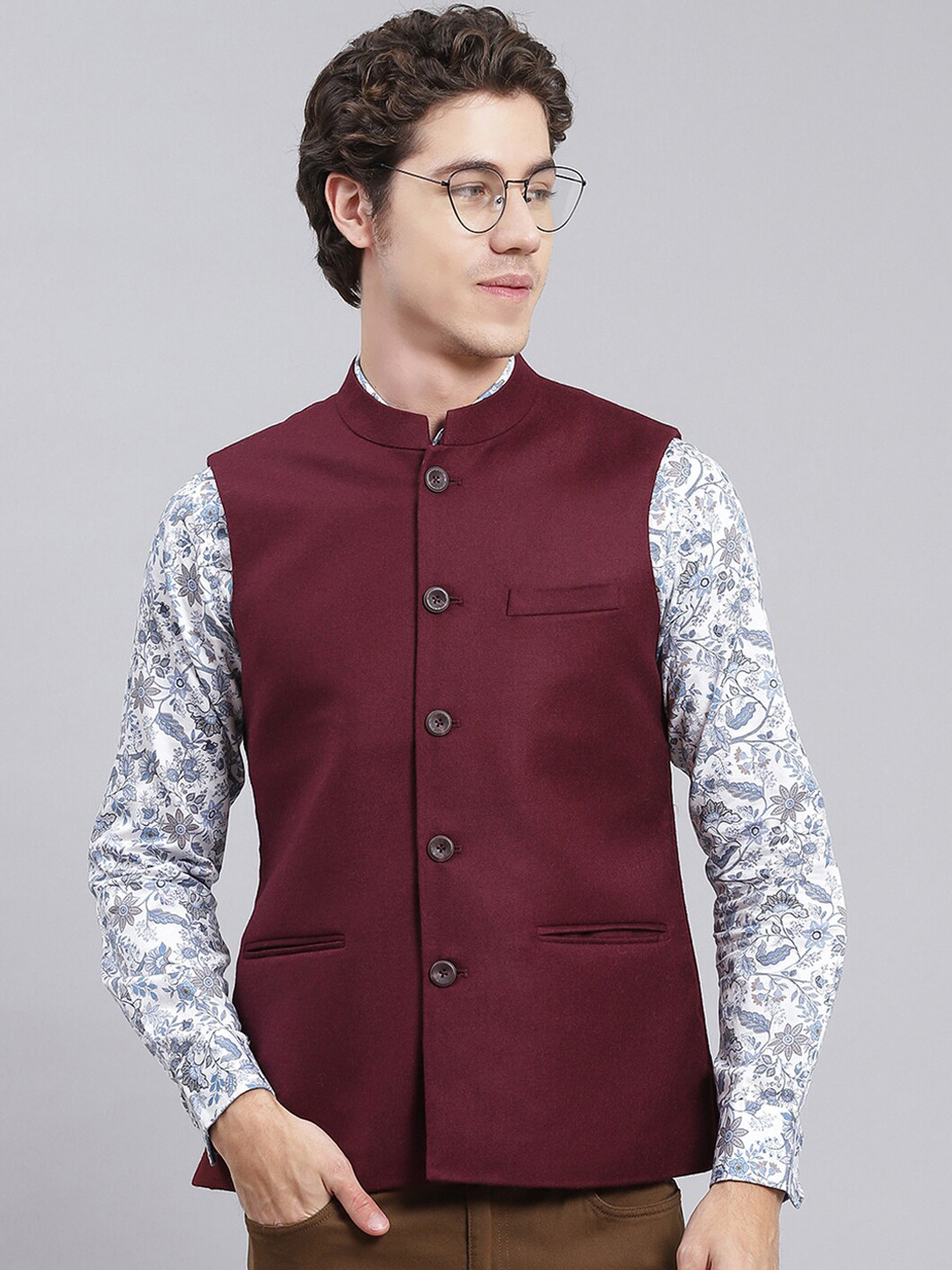 Men's Black Nehru Jacket with Mandarin Collar & Button Detail
