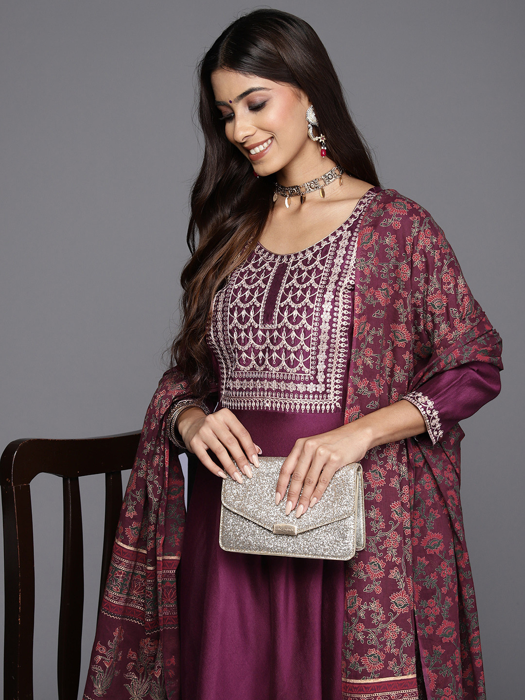 Indo Era Wine Embroidered Straight Kurta Trouser Sets