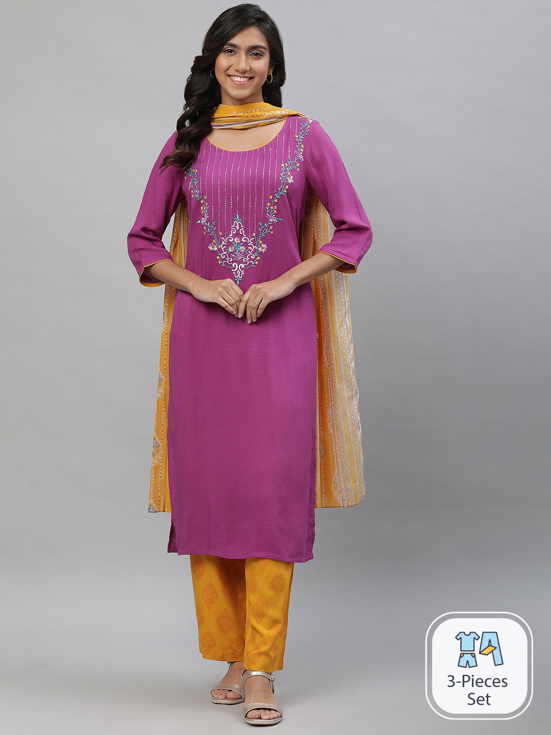 Women Floral Embroidered Regular Thread Work Kurta with Palazzos & Dupatta