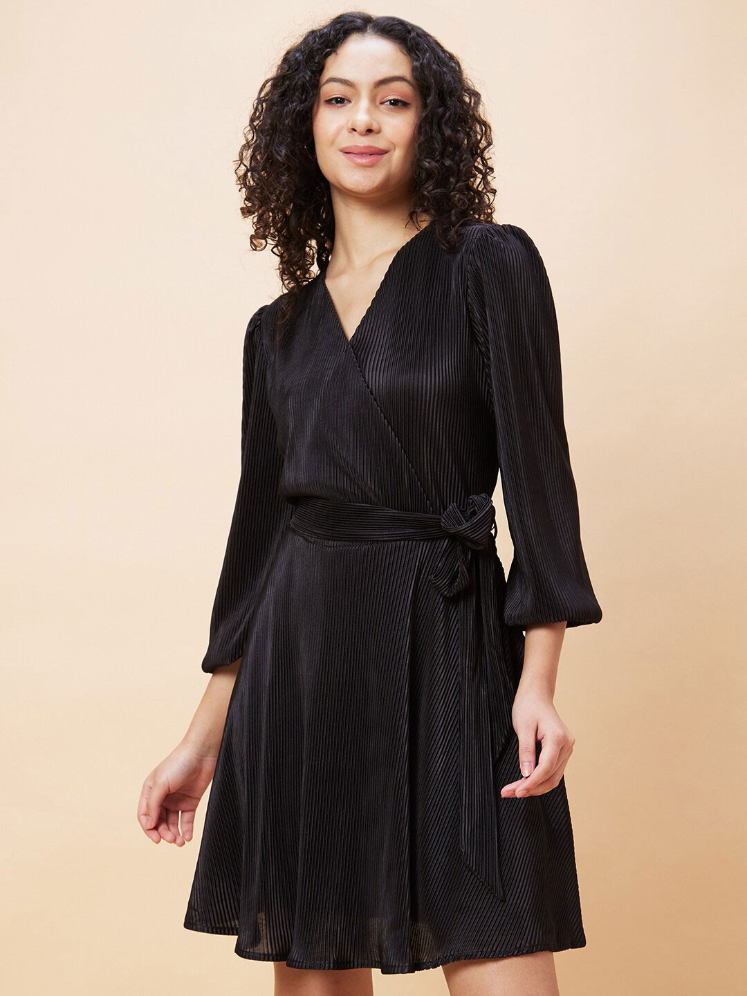 0401~Accordion Dress with Draped Neckline