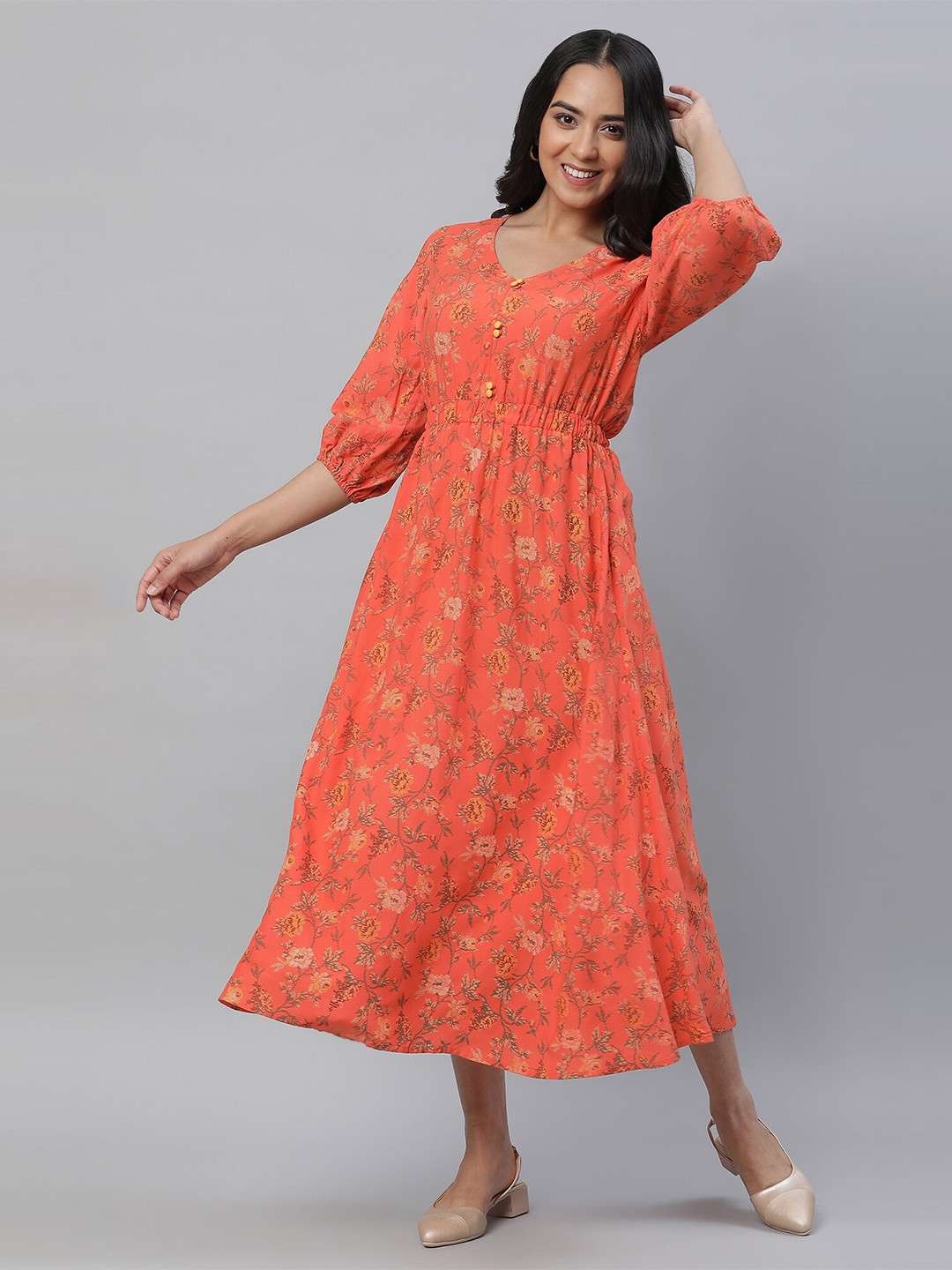 Vastraa Fusion Women's Rayon Floral Printed Midi Flared Dress for Women