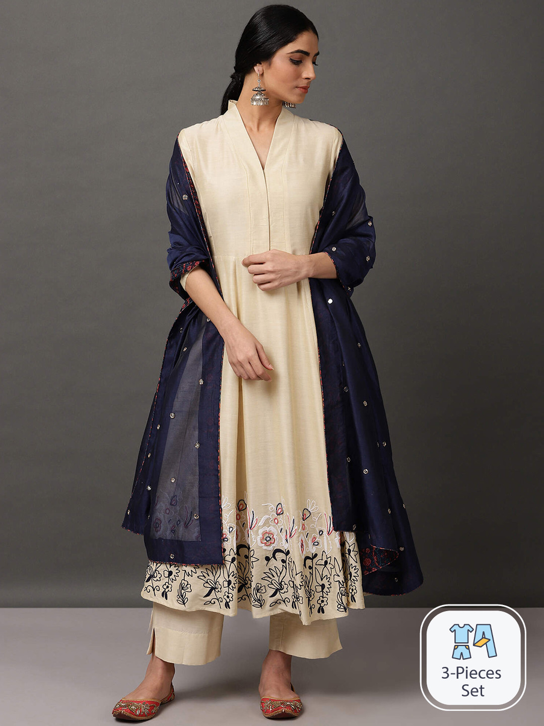 Woven Pleated Mirror Work Jacquard Anarkali Kurta With Palazzo