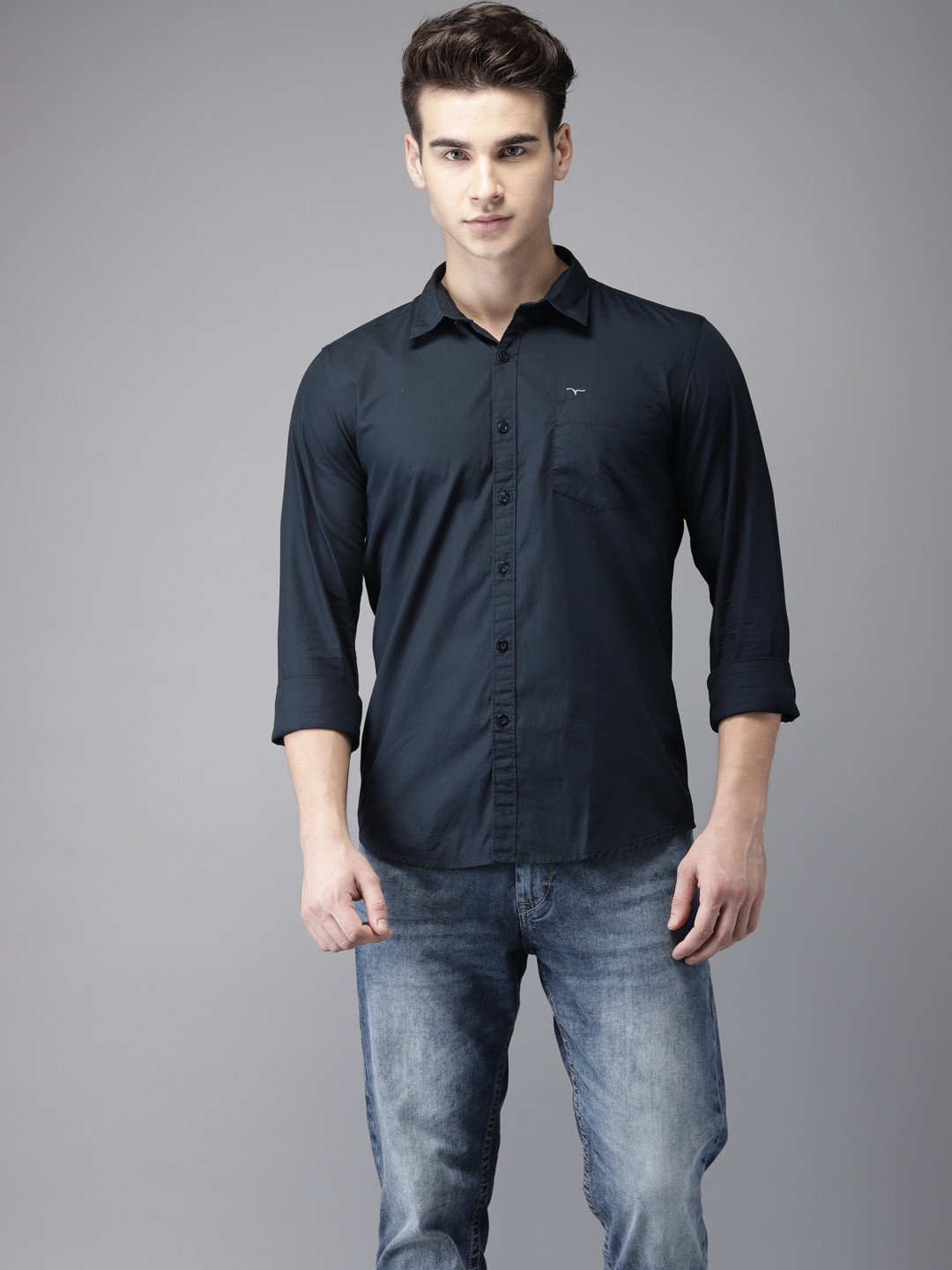 Buy Flying Machine Men Navy Blue Comfort Slim Fit Solid Casual Shirt ...