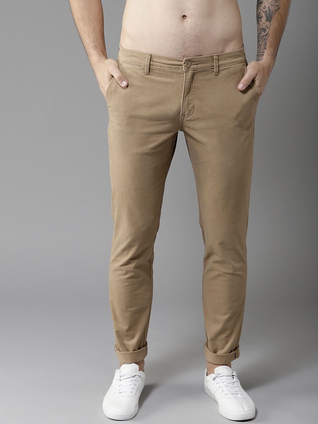 Buy Flying Machine Men Khaki Super Slim Fit Solid Regular Trousers ...
