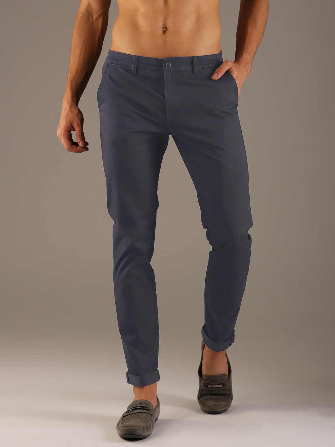 Buy Flying Machine Men Navy Blue Comfort Tapered Fit Solid Regular ...