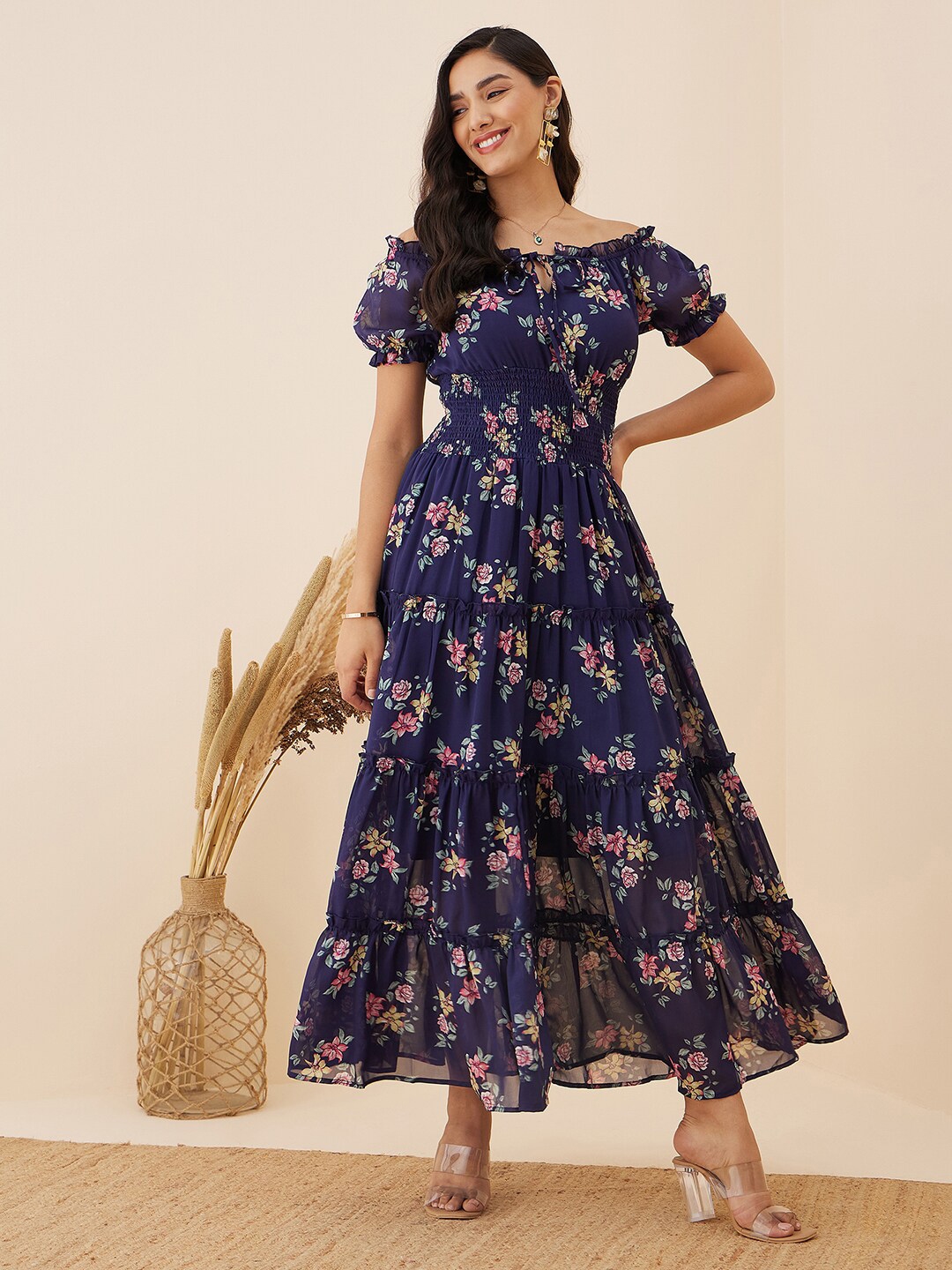 Buy RARE Navy Blue Floral Print Off Shoulder Puff Sleeve Smocked Maxi ...