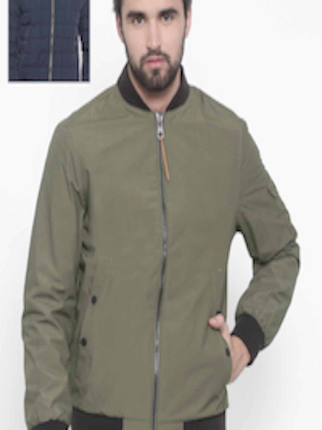 Buy Timberland Men Olive Green & Navy Solid Reversible Quilted Jacket ...