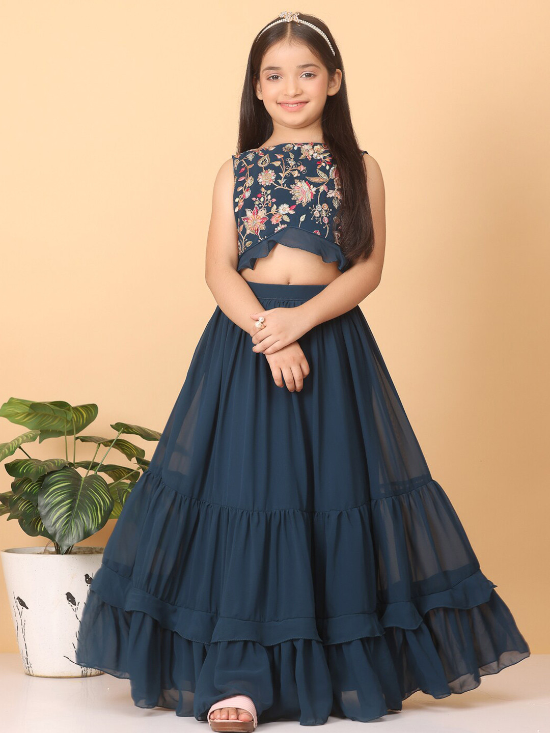 Girls Floral Printed Striped Ready To Wear Lehenga Choli With Waist Coat