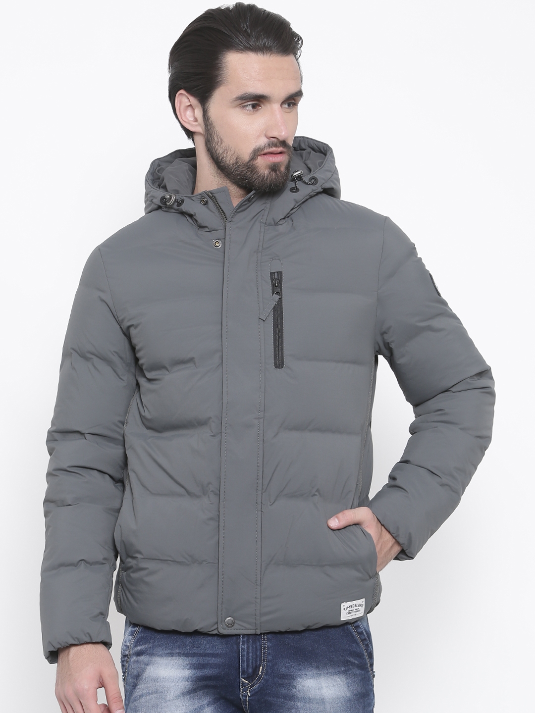 Buy Timberland Men Charcoal Grey Solid Padded Hooded Jacket - Jackets ...