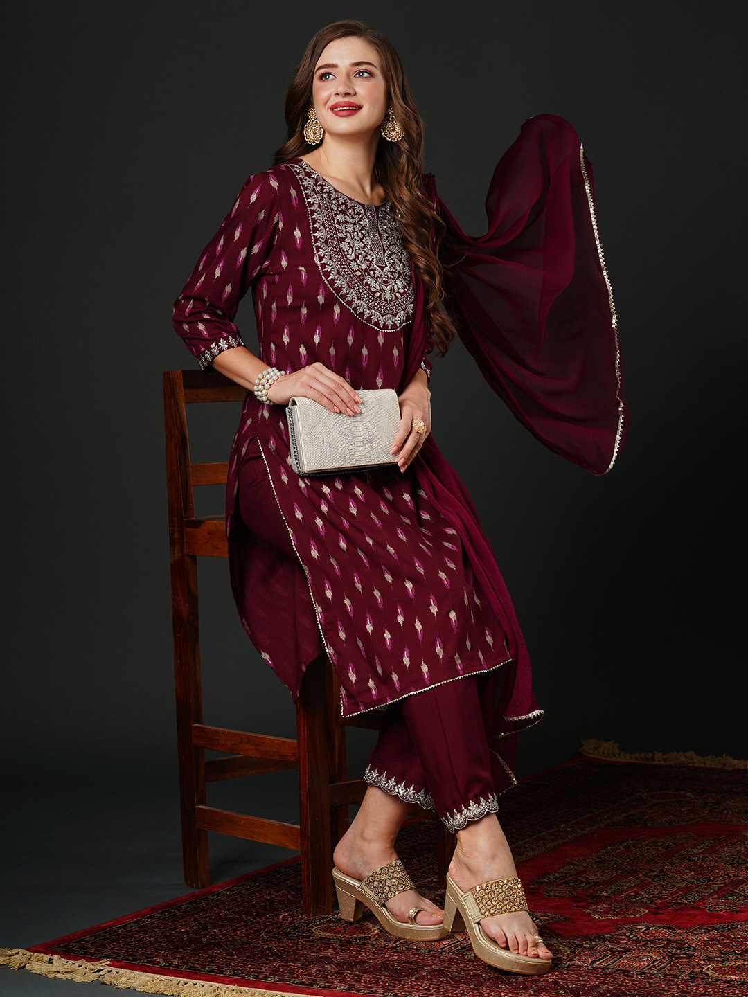 Women Ethnic Motifs Embroidered Regular Thread Work Kurta with Palazzos & With Dupatta main image 1