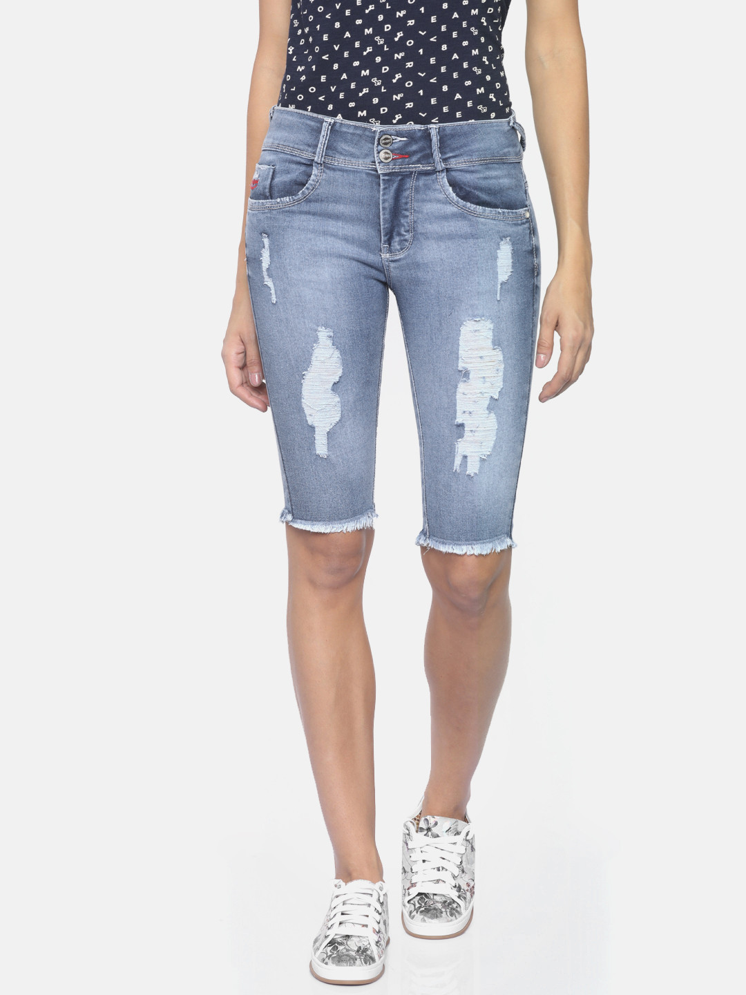Buy Code 61 Women Blue Solid Slim Fit Mildly Distressed Denim Shorts - Shorts for Women 2476680 