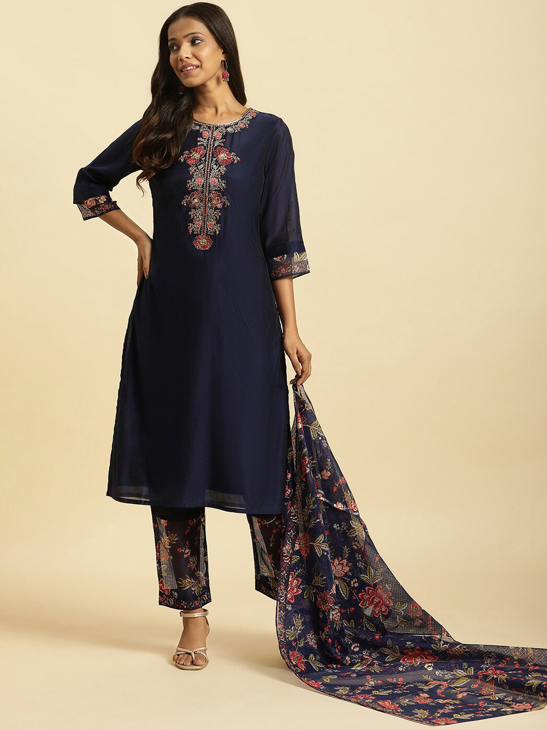 Floral Embroidered Kurta With Trousers & With Dupatta main image 0
