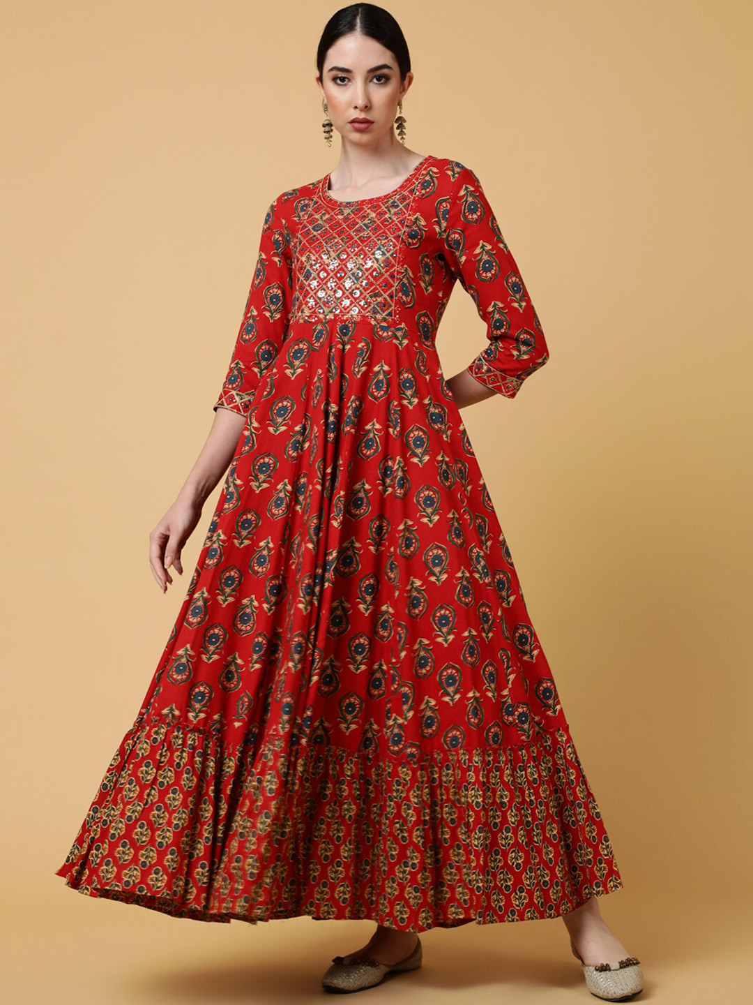 Buy INDIE CLOSET Ethnic Motifs Printed Sequined Detail Fit And Flare