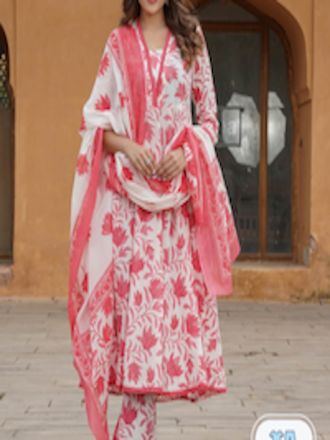 Buy KALINI Floral Printed V Neck Regular Kurta With Trousers & Dupatta ...