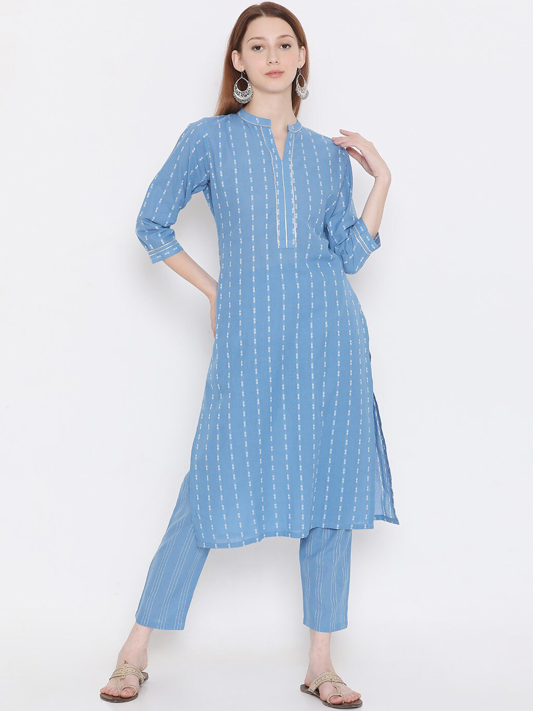 Striped Mul Cotton Kurta Pant Set for Women with Breathable Lining and Button Detailing main image 1