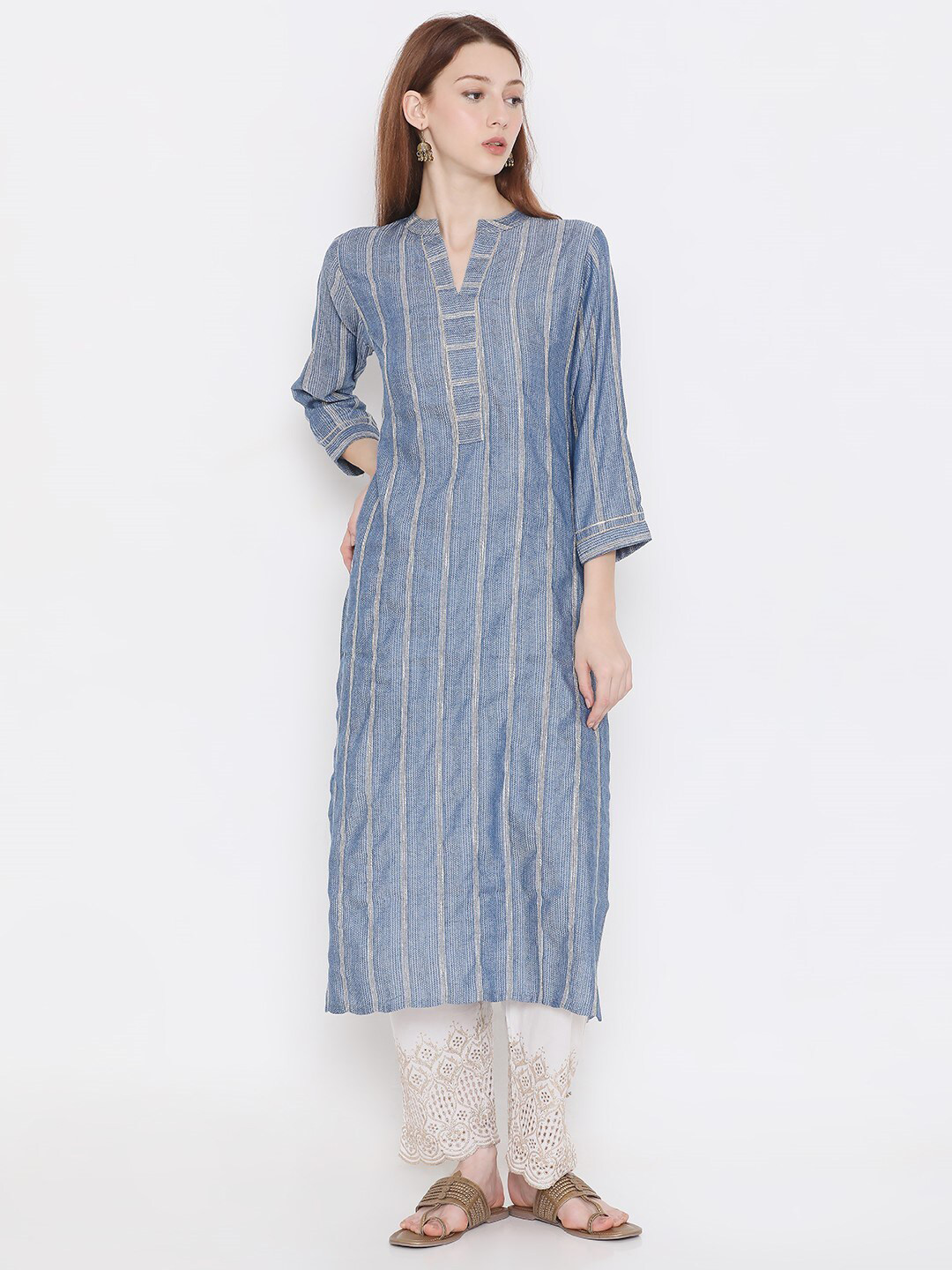 Women's Turquoise Blue Mandarin Collar Cotton Straight Kurta
