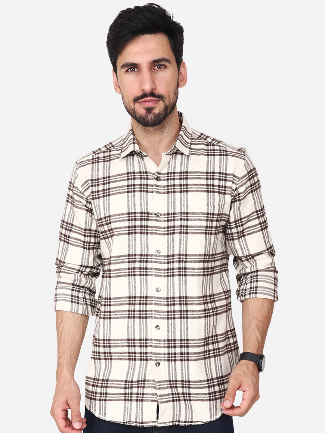 Men's Cream Classic Tartan Checked Casual Cotton Shirt