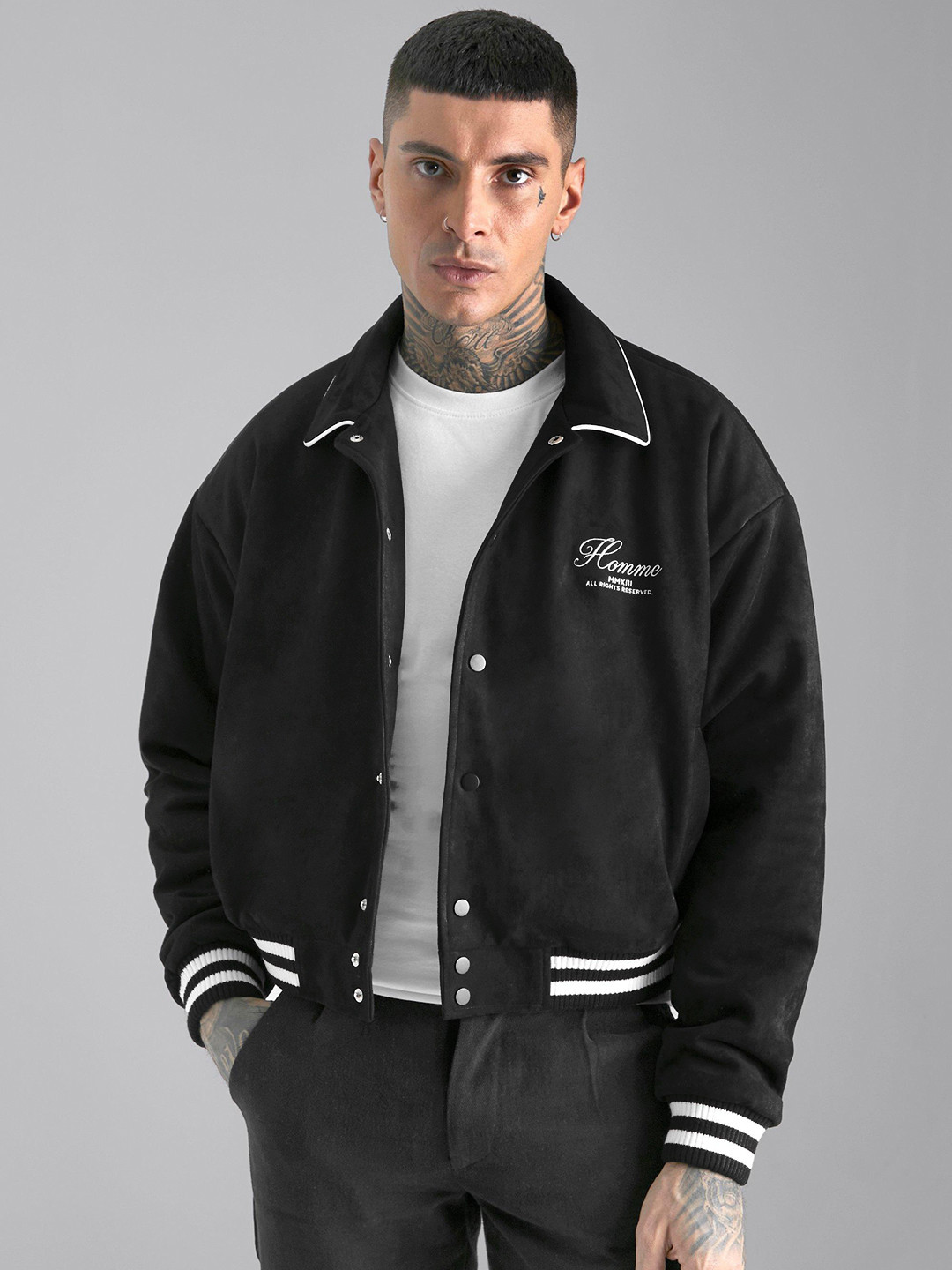 Buy BoohooMAN Boxy Suede Varsity Bomber Jacket Jackets for Men