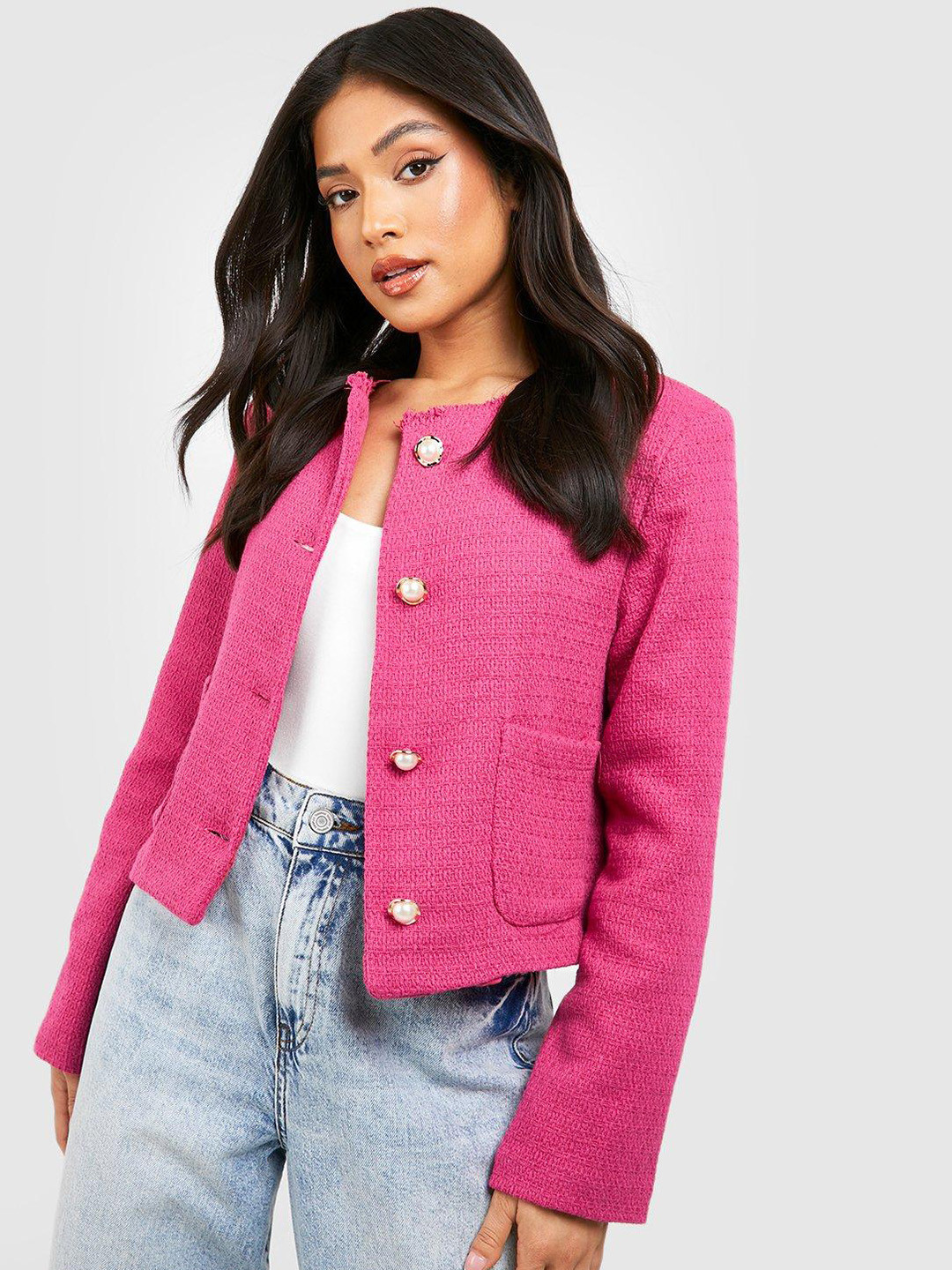 Buy Boohoo Petite Pocket Detail Boucle Jacket Jackets for Women