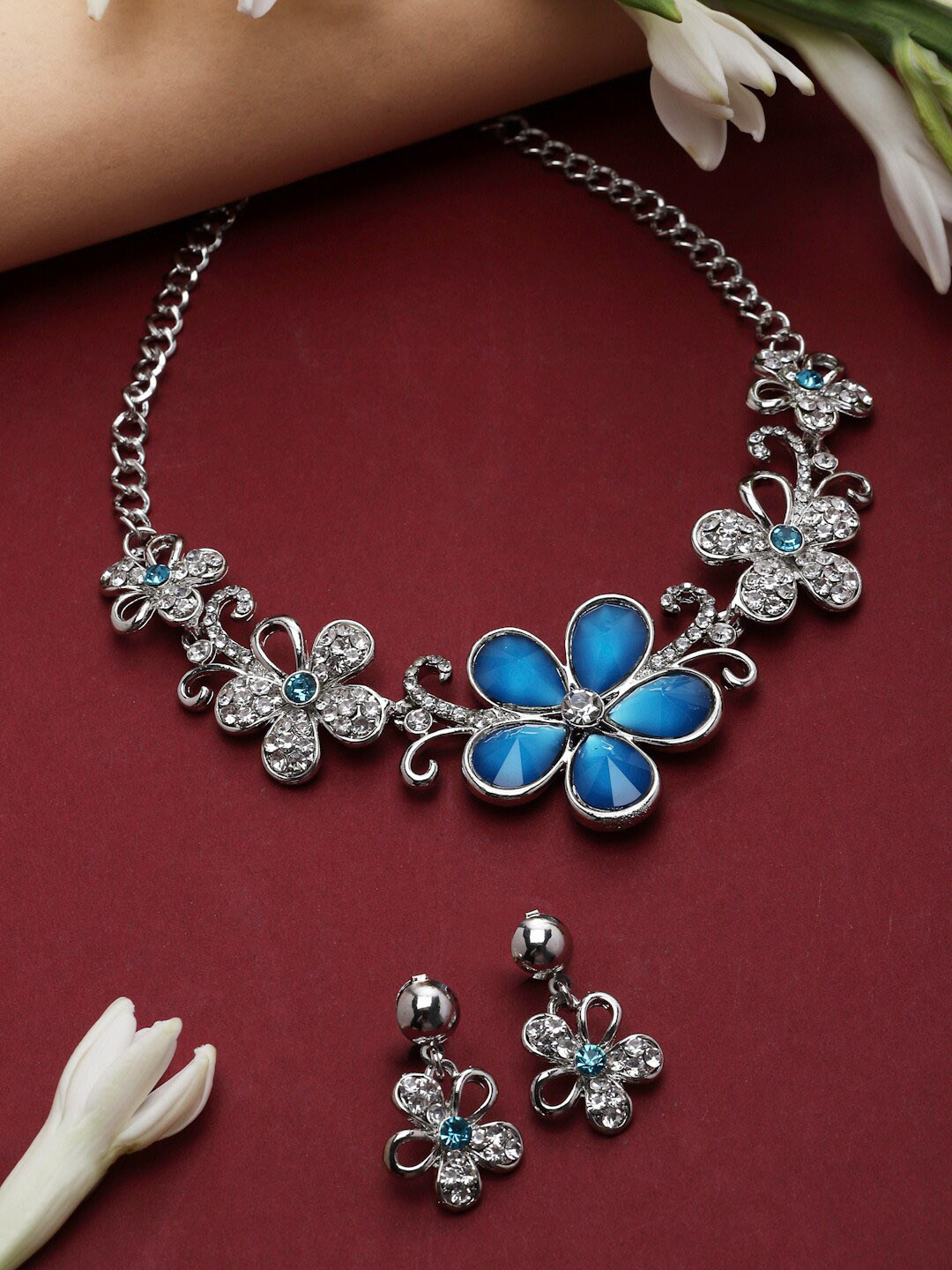 Buy ZENEME Rhodium Plated American Diamond Necklace And Earrings Jewellery Set for Women