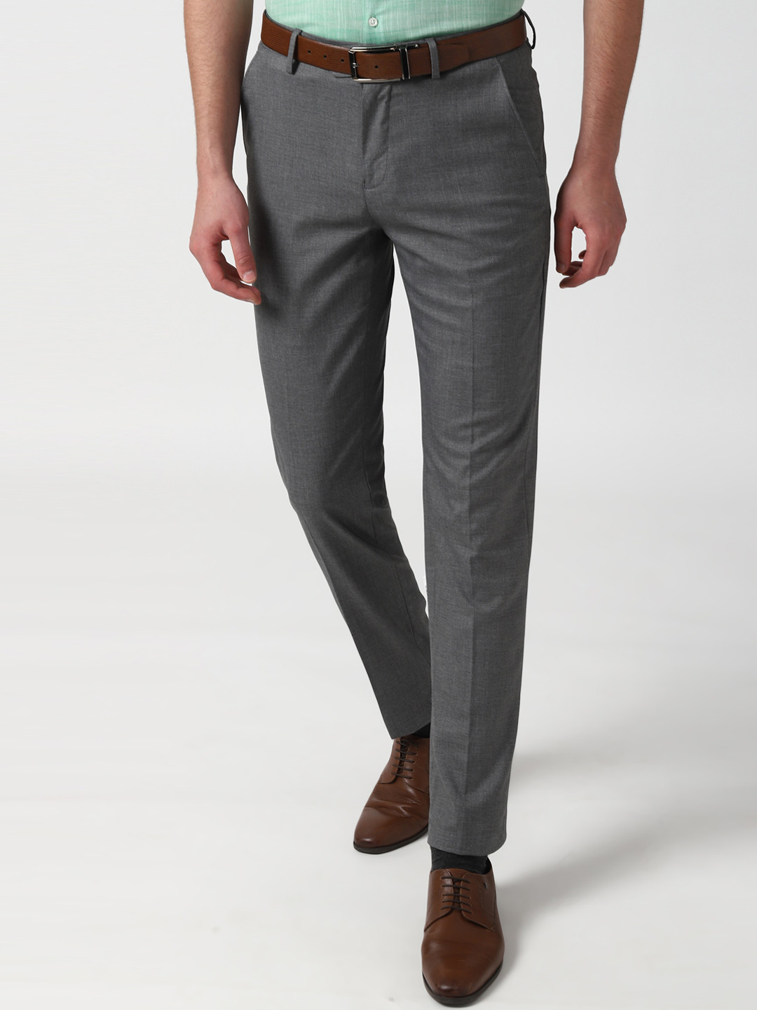 Buy Peter England Elite Men Grey Slim Fit Solid Formal Trousers ...