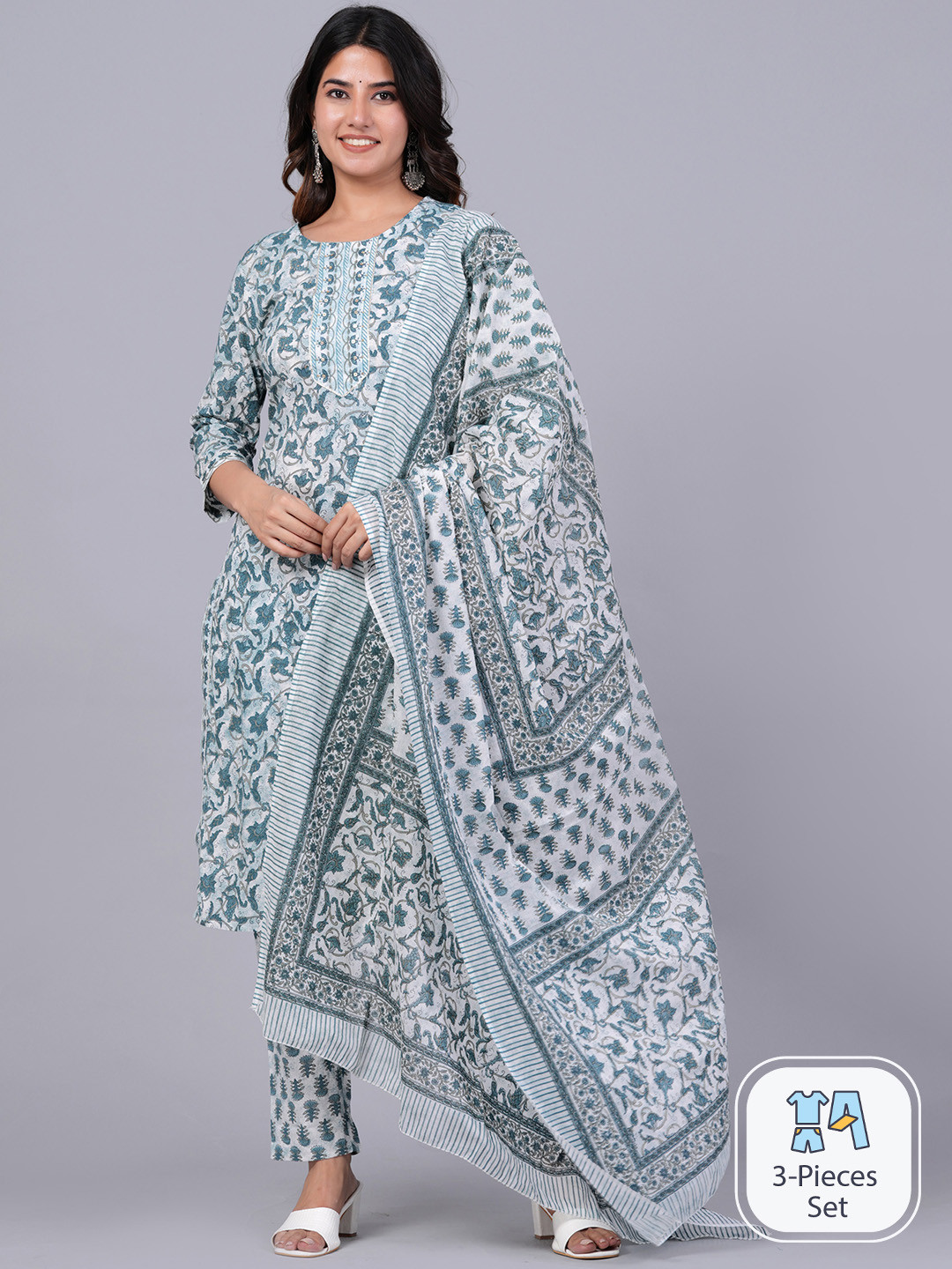 Blue & Grey Pure Cotton Jaipuri Printed  Kurta Set With Dupatta main image 1