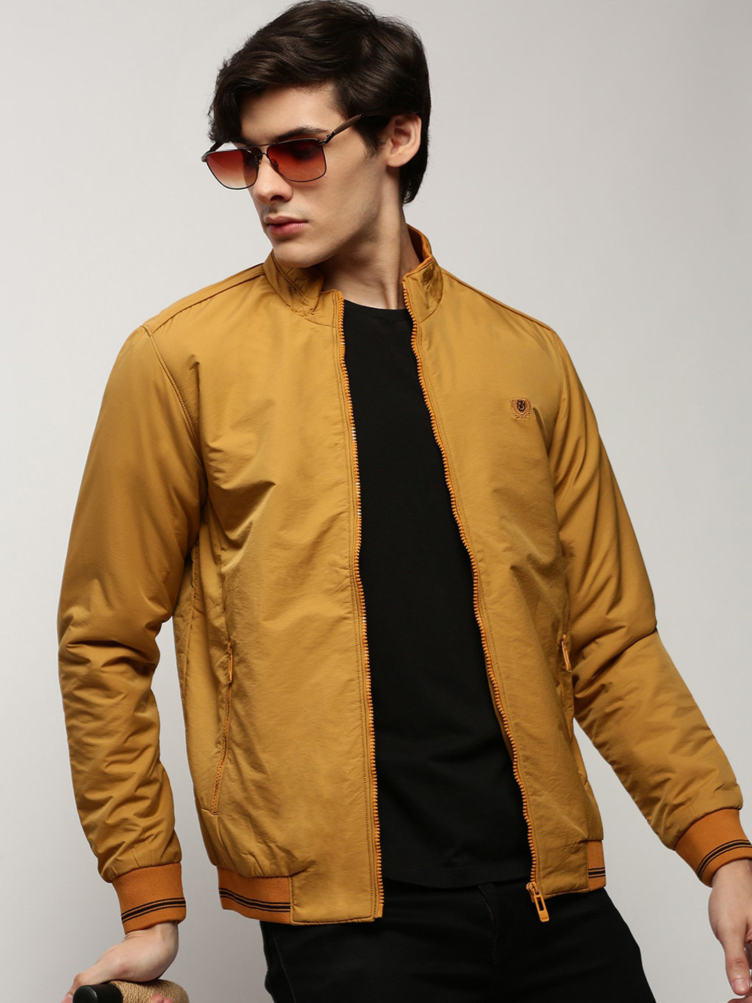 Men's Navy Blue Mock Collar Long Sleeves Zip Detail Rapid-Dry Windcheater Bomber Jacket