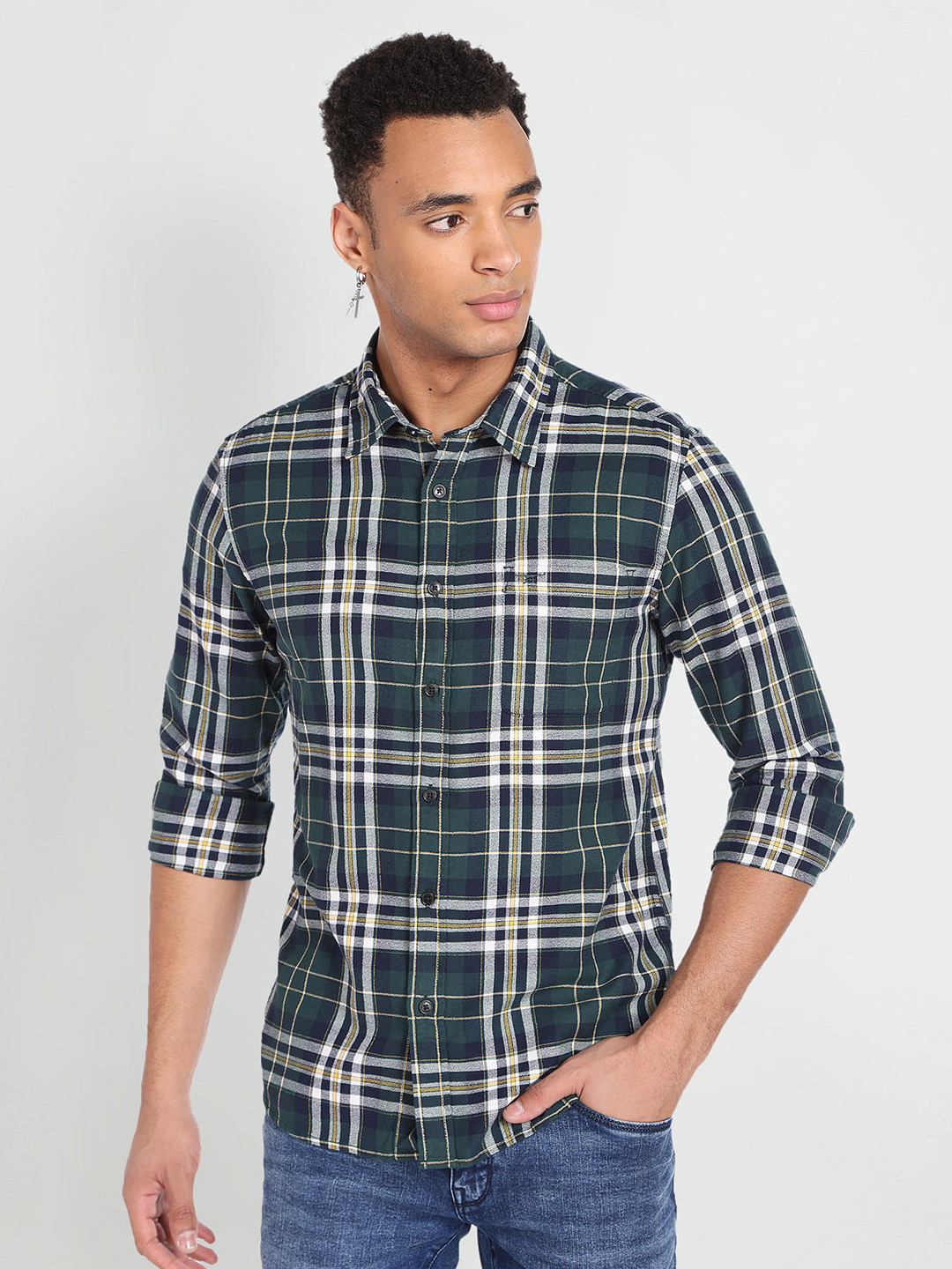 Men's Grey Standard Slim Fit Tartan Checked Cotton Casual Shirt
