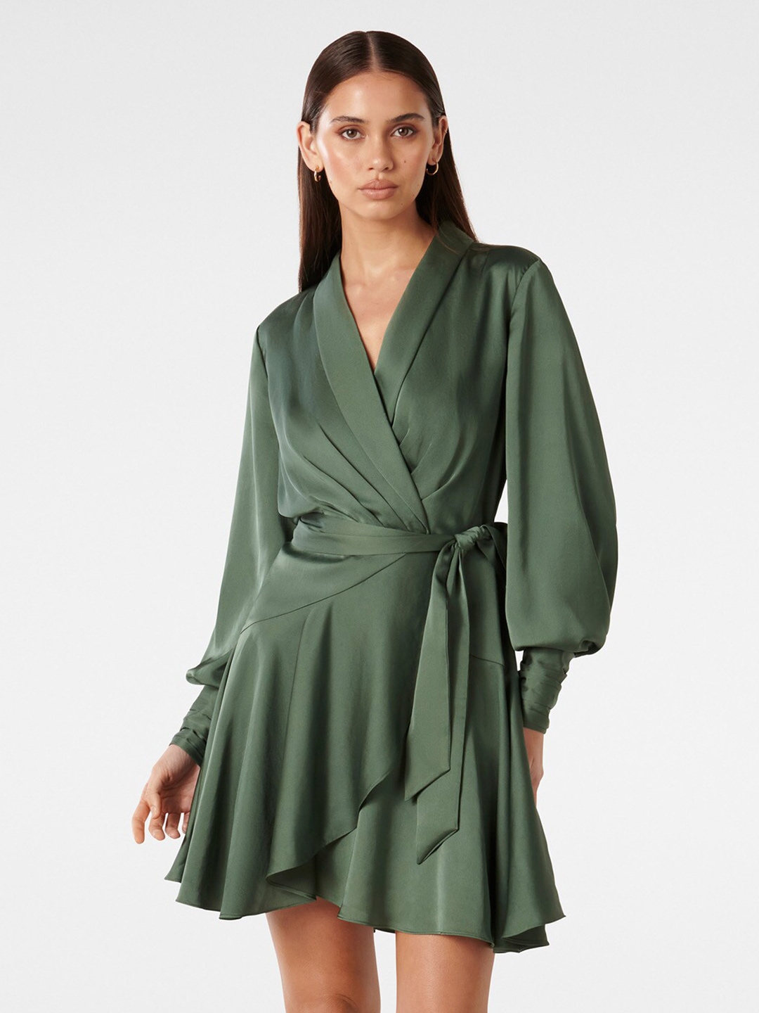 Buy Forever New V Neck Bishop Sleeves Satin Mini Wrap Dress - Dresses for Women 24821696 | Myntra
