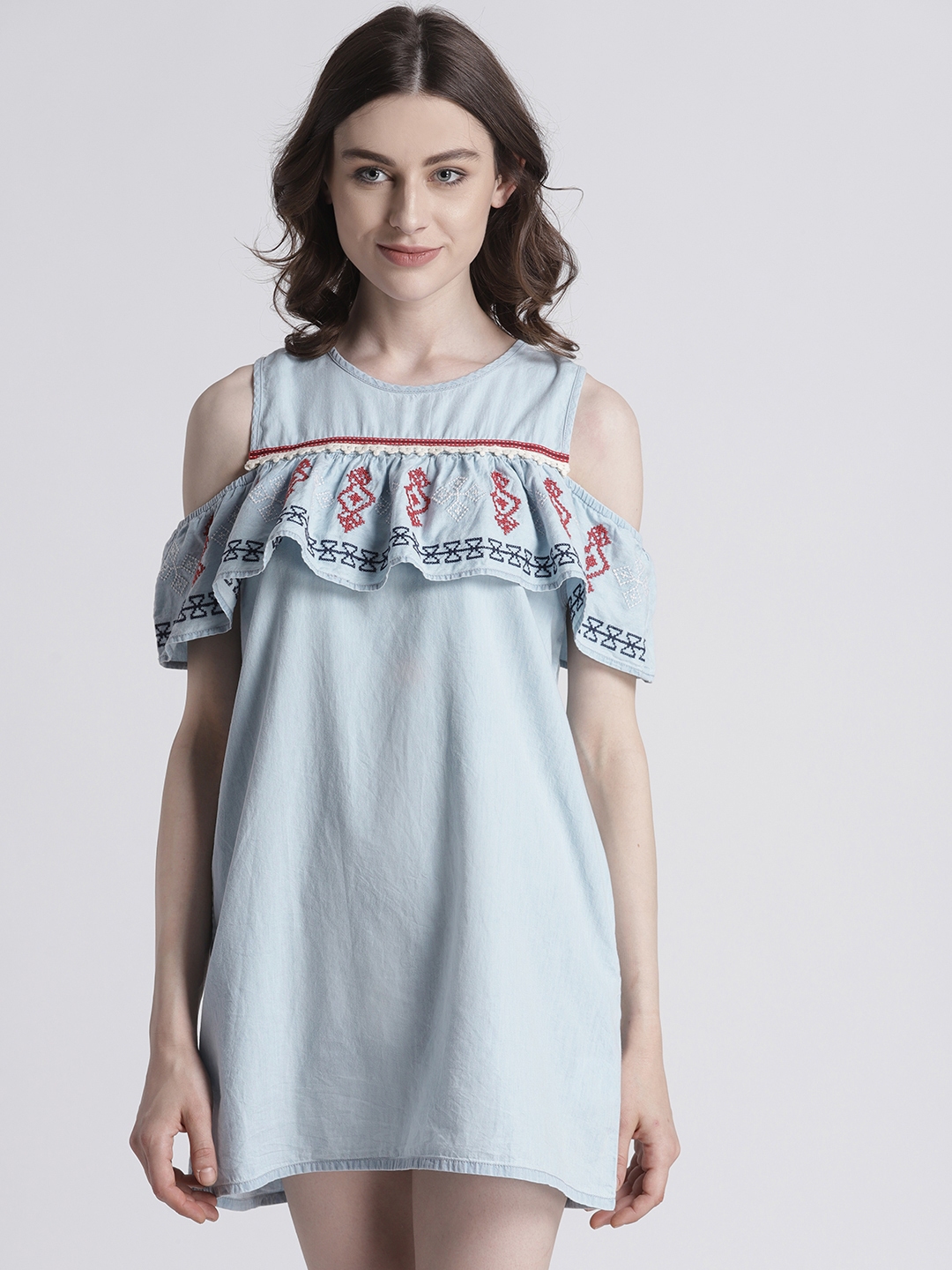 Buy Splash Women Blue Solid Cold Shoulder Denim A Line Dress - Dresses for Women 2482319 | Myntra
