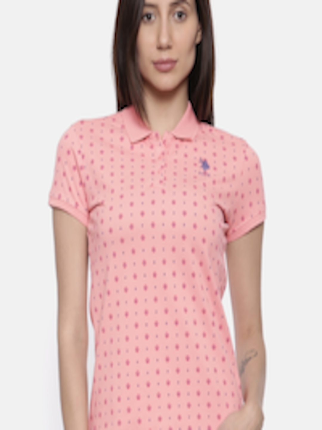 Buy U.S. Polo Assn. Women Coral Pink Printed Polo Collar T Shirt ...