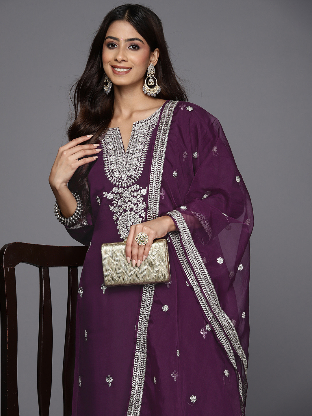 Indo Era Burgundy Embroidered Straight Kurta Sharara With Dupatta set