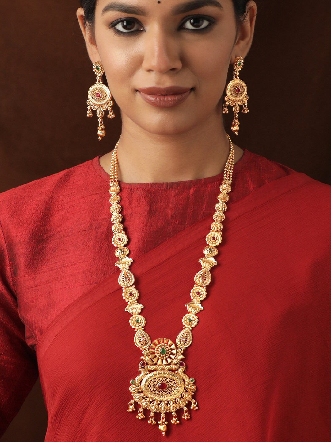 NVR Women's Set Of 2 Green & Red Stone Studded & Beaded Gold-Polished Temple Jewellery Set main image 1