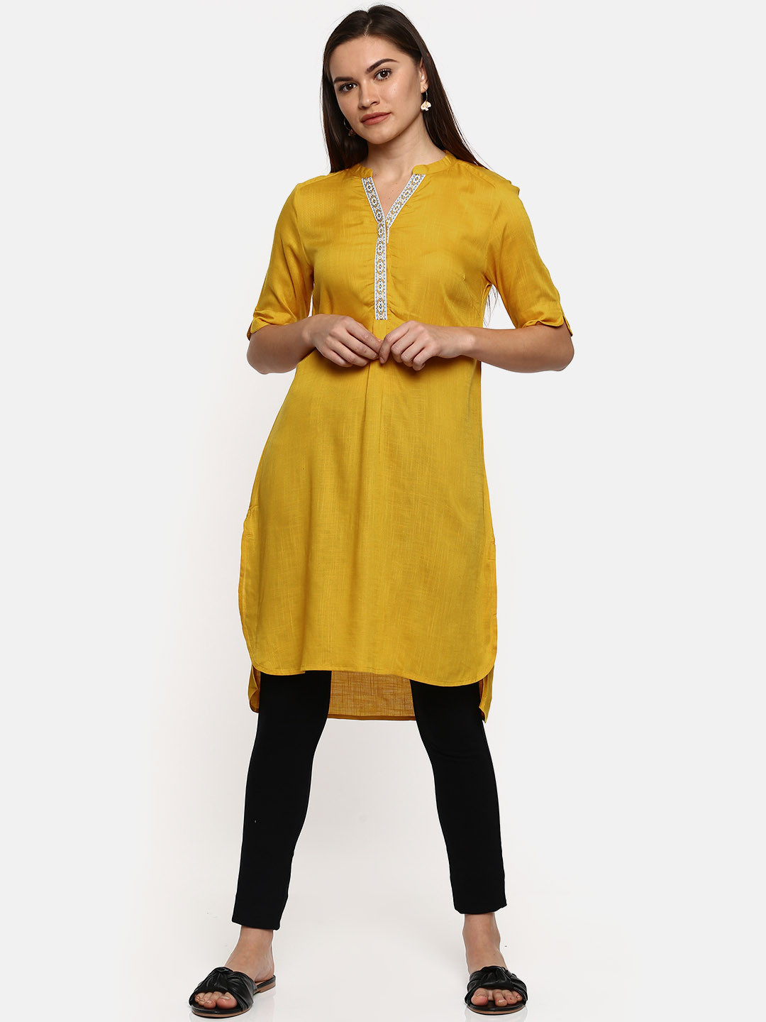 Buy People Women Mustard Yellow Solid A Line Kurta Kurtas for Women 2483351 Myntra