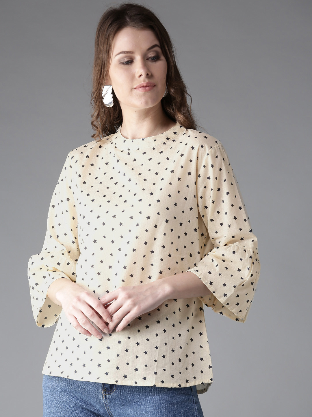 Buy HERE&NOW Women Cream Coloured Printed A Line Pure Cotton Top Tops