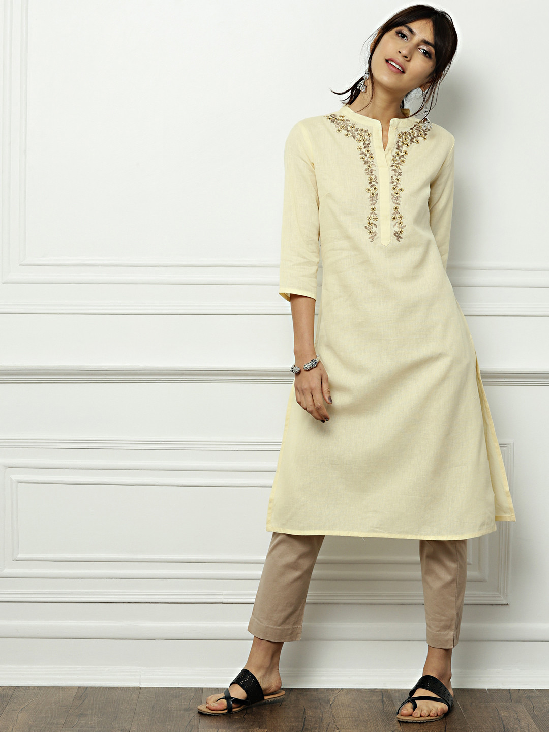 Buy All About You Women Cream Coloured Embroidered Straight Kurta