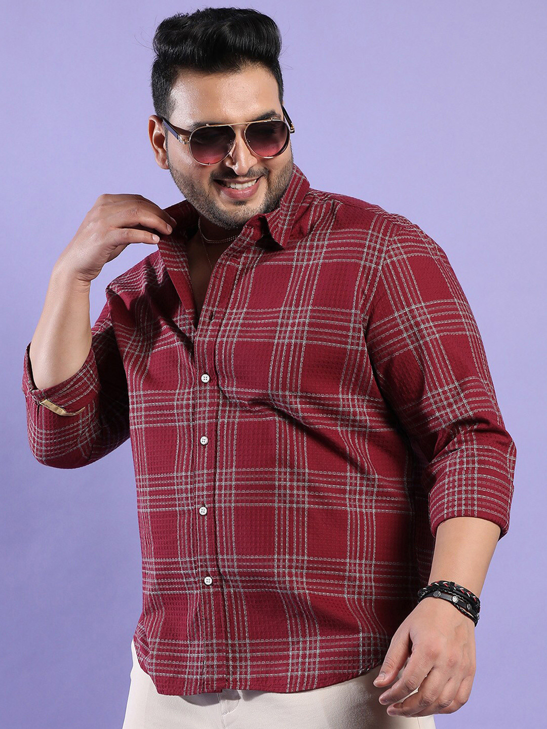 Men's Maroon Tartan Checks Cotton Casual Shirt