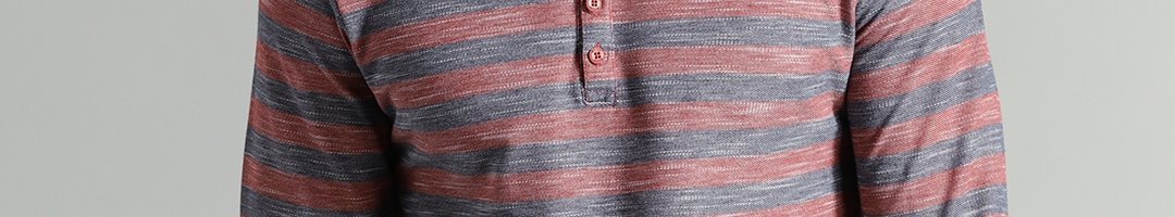 Buy Roadster Men Charcoal Grey Striped Mandarin Collar T Shirt ...